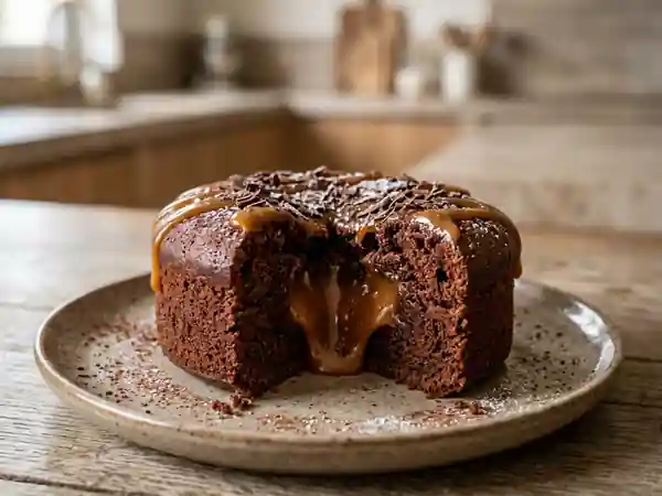 Gâteau moelleux au caramel fondant et chocolat gourmand - Photo de présentation
