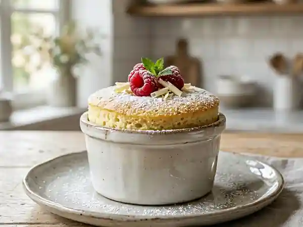 Gâteau moelleux au chocolat blanc cuit au micro-ondes pour une personne - Photo de présentation