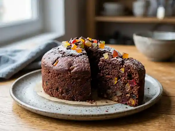 Gâteau chocolat fondant et éclats de fruits confits - Photo de présentation