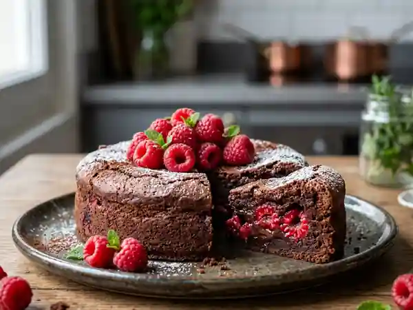 Gâteau moelleux au chocolat fourré aux framboises fraîches - Photo de présentation