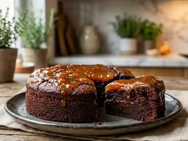 Gâteau moelleux au chocolat nappé de confiture d'abricots maison - Photo de présentation
