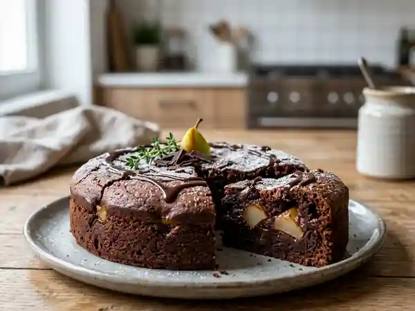 Gâteau moelleux au chocolat noir et poires fondantes - Photo de présentation