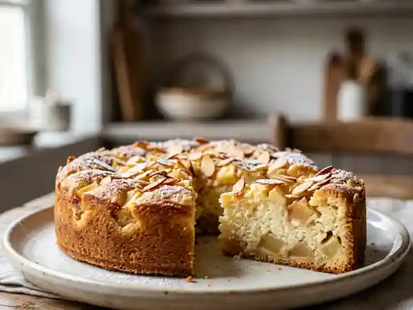 Gâteau fondant fromage blanc, pomme et amande - Photo de présentation