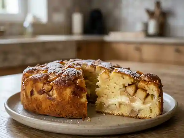 Gâteau moelleux au fromage blanc et pommes caramélisées - Photo de présentation