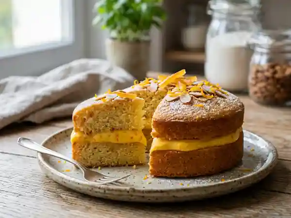 Gâteau moelleux aux amandes fourré à la crème d'orange onctueuse - Photo de présentation