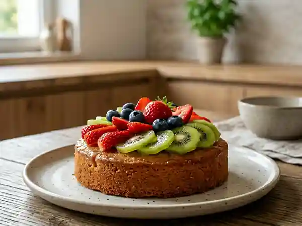 Gâteau moelleux aux amandes nappé de fruits frais - Photo de présentation