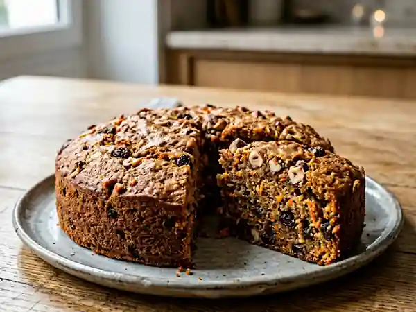 Gâteau moelleux aux carottes, noisettes, raisins secs, gingembre et cannelle - Photo de présentation