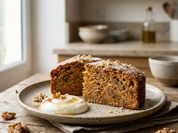 Gâteau moelleux aux carottes, noix croquantes et cannelle parfumée - Photo de présentation