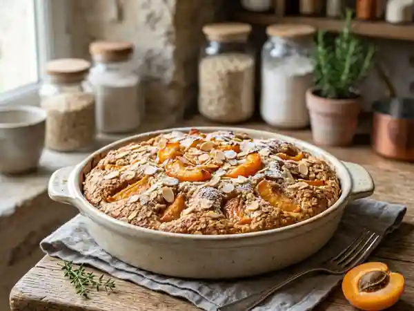Gâteau moelleux aux flocons d'avoine et abricots frais - Photo de présentation