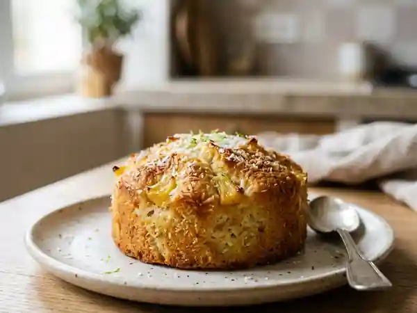 Gâteau moelleux coco, ananas frais et fromage blanc - Photo de présentation
