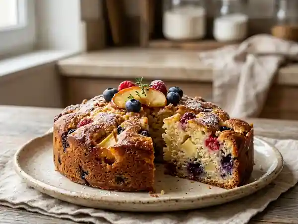 Cake matinal fondant aux pommes et fruits rouges - Photo de présentation