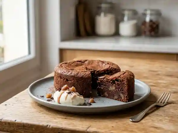 Gâteau fondant marron et chocolat noir - Photo de présentation