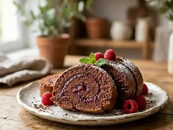 Roulé fondant cacao et cœur framboise - Photo de présentation