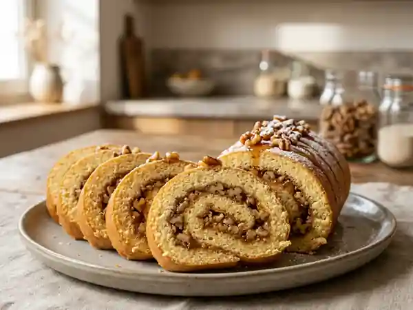 Biscuit roulé moelleux au miel et noix croquantes - Photo de présentation