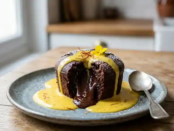 Gâteau tiède au chocolat fondant avec sauce au safran - Photo de présentation