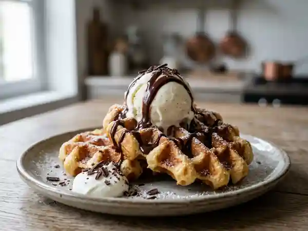 Gaufres croustillantes, glace et chocolat fondant - Photo de présentation