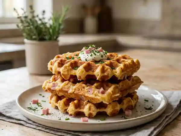 Gaufres croustillantes au jambon et fromage fondu - Photo de présentation
