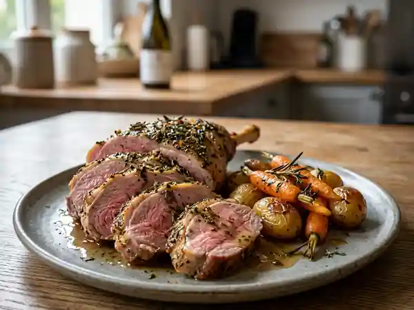 Gigot d'agneau rôti au vin blanc et herbes - Photo de présentation