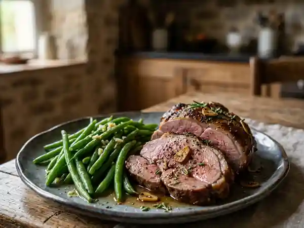 Gigot d'agneau piqué à l'ail et haricots verts - Photo de présentation