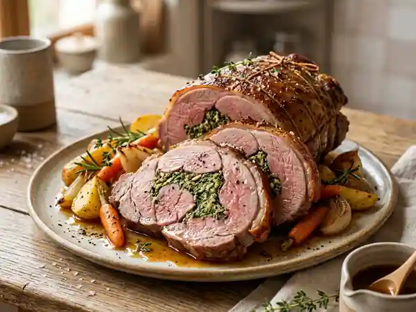 Gigot d'agneau rôti farci aux herbes fraîches - Photo de présentation