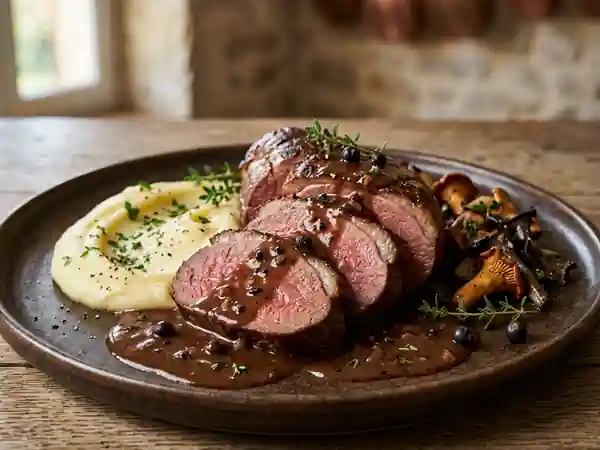 Gigue de chevreuil rôtie, sauce vénerie onctueuse - Photo de présentation