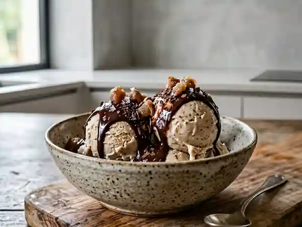 Glace onctueuse aux marrons avec coulis de chocolat maison - Photo de présentation