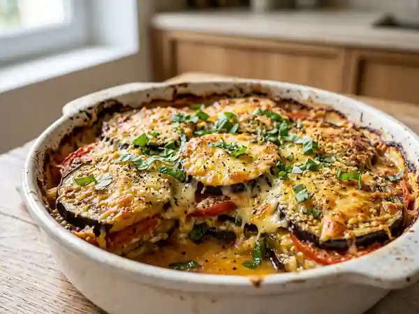 Gratin fondant aubergine, tomate et parmesan - Photo de présentation