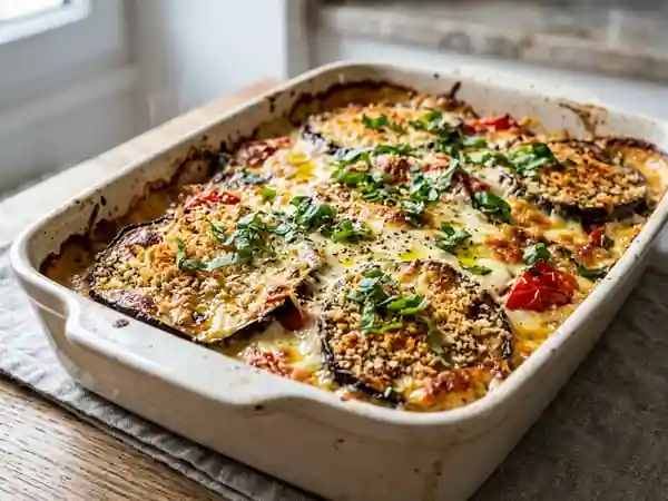 Gratin d'aubergines fondant au fromage frais - Photo de présentation