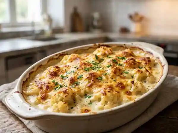 Gratin de chou-fleur fondant et doré au four - Photo de présentation