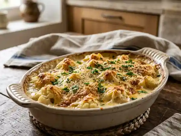 Gratin de chou-fleur fondant et doré au four - Photo de présentation