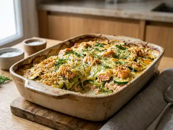 Gratin de courgettes au saumon frais, crémeux et savoureux - Photo de présentation