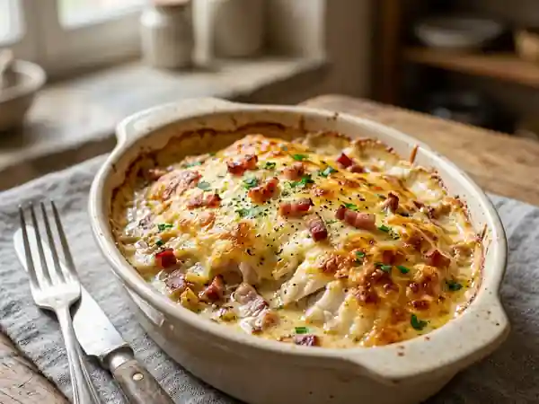 Gratin de lieu à la crème de bacon et emmental fondant - Photo de présentation