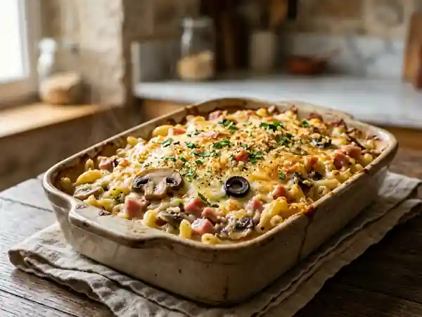 Macaronis gratinés aux champignons et jambon - Photo de présentation