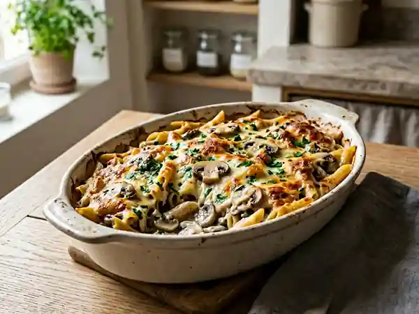 Pâtes gratinées aux champignons et crème ailée - Photo de présentation