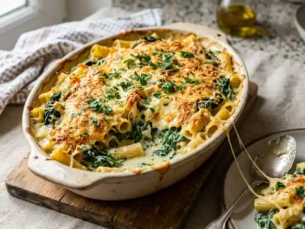 Pâtes gratinées aux épinards frais et crème - Photo de présentation