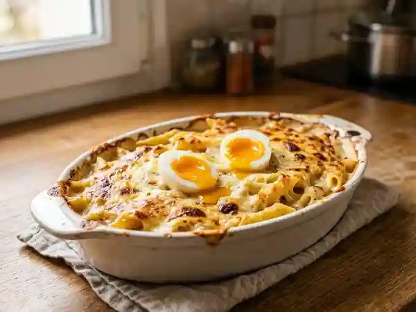 Gratin de pâtes gourmand aux œufs mollets fondants - Photo de présentation