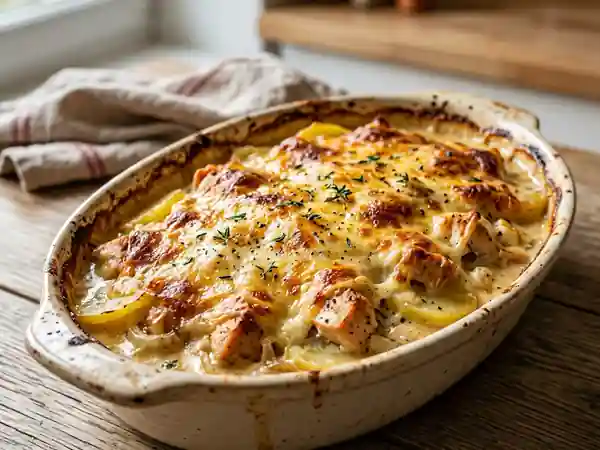 Gratin de poulet fondant au cidre et fromage gratiné - Photo de présentation