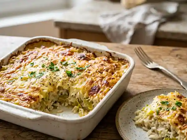 Gratin de riz aux poireaux fondants et fromage gratiné - Photo de présentation