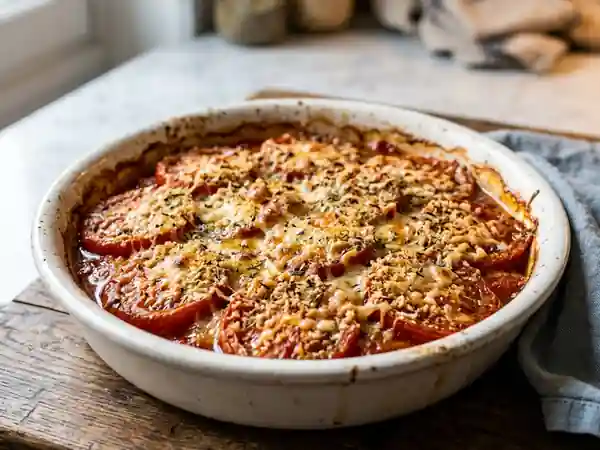Gratin de tomates fondant au fromage gratiné - Photo de présentation