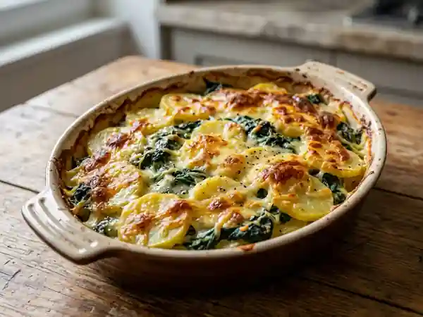 Gratin fondant d'épinards et pommes de terre à la crème - Photo de présentation
