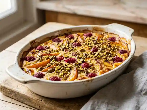 Pêches et framboises fondues, éclats de pistache - Photo de présentation