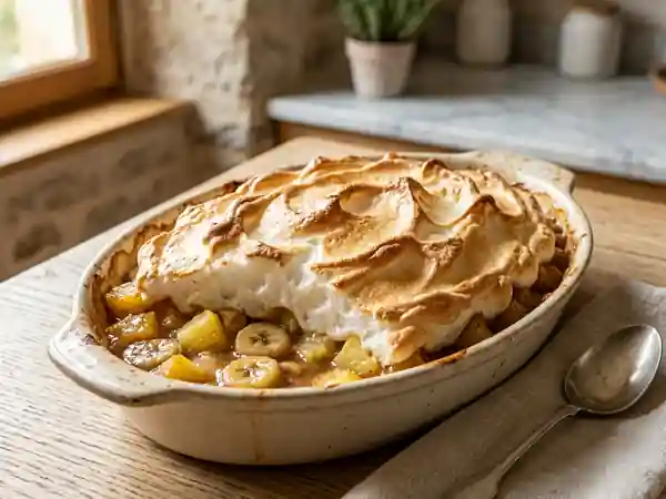 Gratin fruité ananas-banane et meringue fondante - Photo de présentation