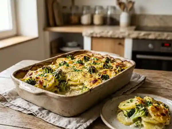 Gratin léger de pommes de terre et brocoli au fromage végétal fondant - Photo de présentation