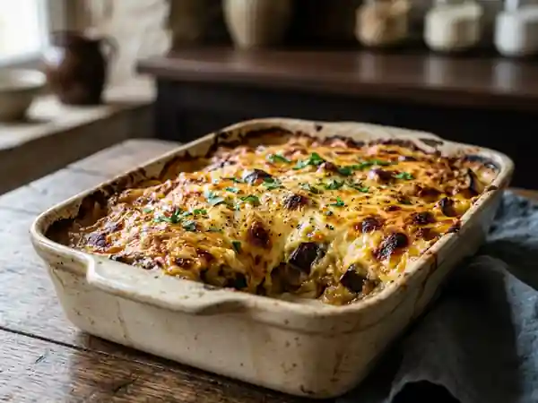 Gratin parmentier savoureux à l'aubergine et pommes de terre - Photo de présentation