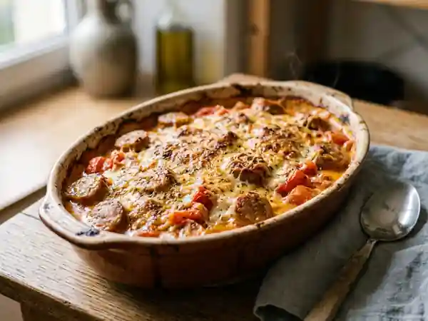 Gratin fondant saucisses et tomates - Photo de présentation