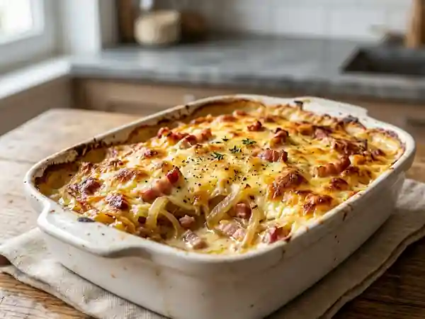 Gratin savoureux aux lardons et oignons caramélisés - Photo de présentation
