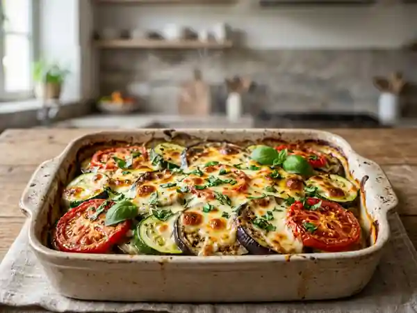 Gratin savoureux aux légumes d'été et mozzarella fondante - Photo de présentation