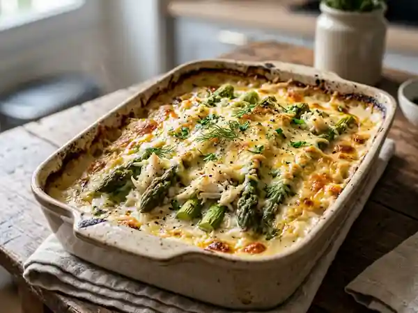 Gratin savoureux d'asperges fraîches au crabe fondant - Photo de présentation
