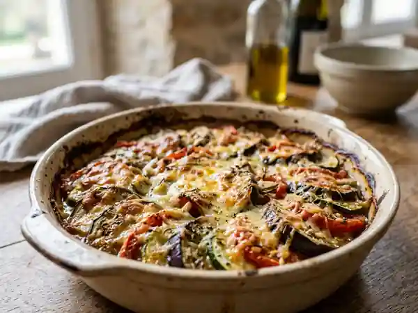 Gratin fondant d'aubergines et courgettes à l'ail - Photo de présentation