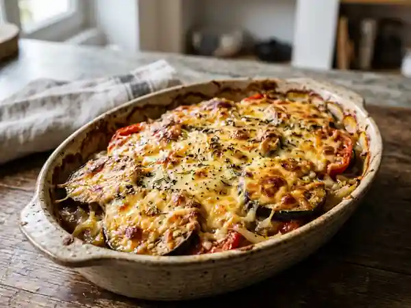 Gratin savoureux d'aubergines, tomates et oignons pour une personne - Photo de présentation